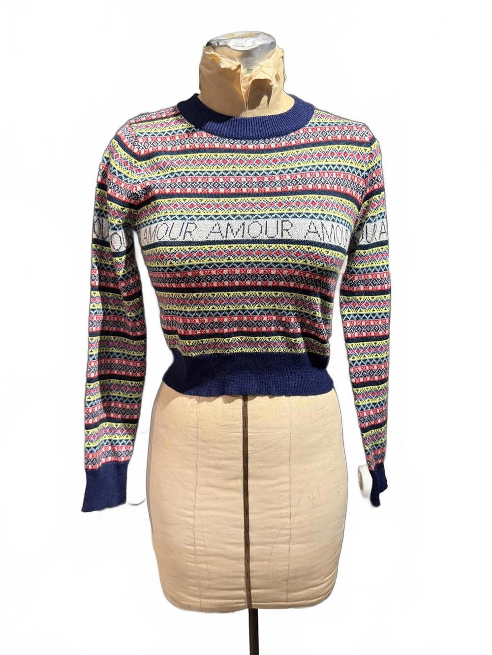 Topshop Colorful Patterned Cropped Sweater with 'AMOUR' Detail